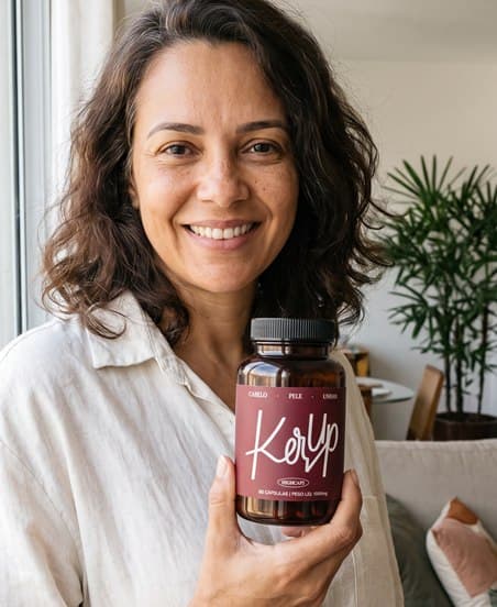 Mulher segurando o frasco de KerUp